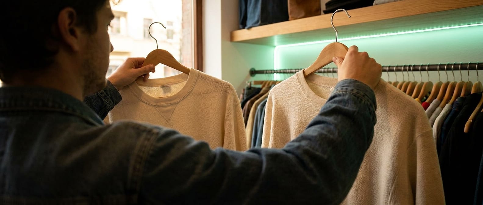 A shopper at a rail, holding up two almost identical cream sweatshirts to compare them.